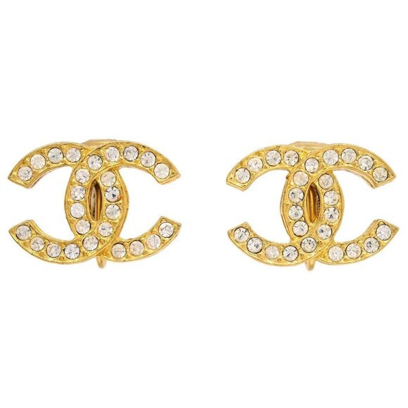 Chanel Gold CC Earrings Clip-On Rhinestone 2084 - Picture 1 of 4